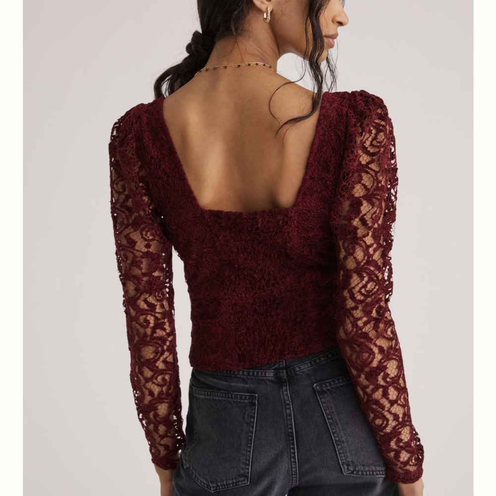 Anthropologie Sweetheart Lace Top Wine Long Sleeve - Picture 2 of 9